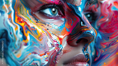 The face of a young woman in abstract liquid bright paint