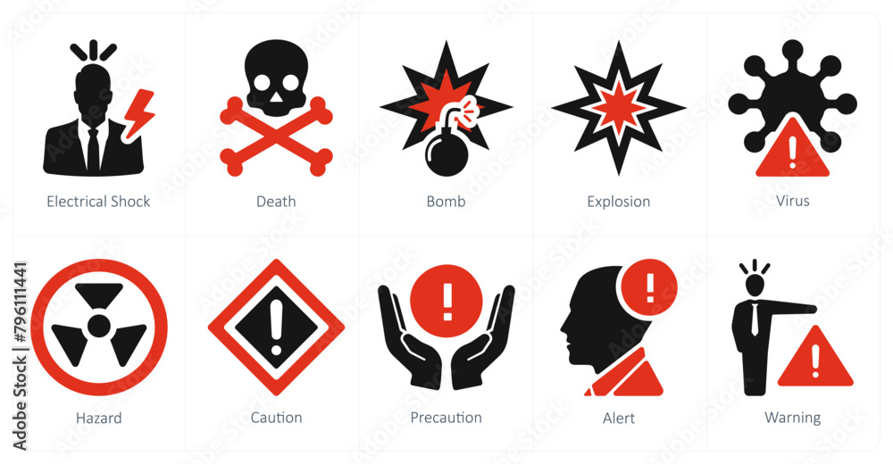 Fototapeta premium A set of 10 hazard danger icons as electrical shock, death, bomb