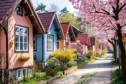 A Serene Springtime Symphony: Beautiful, Colorful, and Vibrant Country Houses Nestled in a Blossoming Village, Exuding Warmth and Tranquility