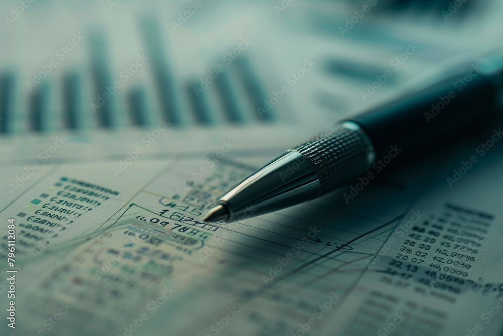 Macro shot of a financial analyst's pen circling key trends in a global economic report Macro shot of a financial analyst's pen circling key trends in a global economic report
