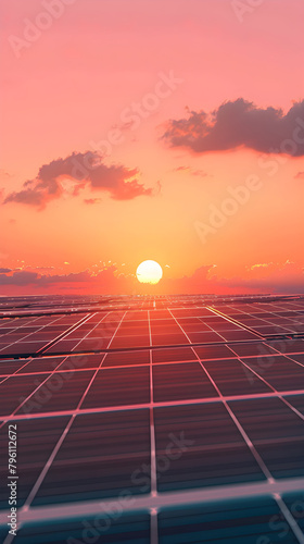 Glowing Solar Panel Array Basking in the Sunset: Harnessing Renewable Energy for a Sustainable Future