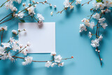 Stylish elegant flat lay blue floristic greeting invitation post card.
