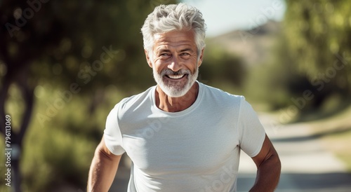 Portrait of happy senior man with grey hair and beard in sportswear