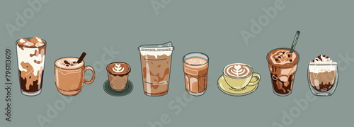 Hot and cold coffee beverage with cute doodle decoration. Espresso, americano cup, cappuccino and latte in glasses. Vector illustration blended coffee for logo, ads, promotion, marketing, banner.