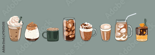 Hot and cold coffee beverage with cute doodle decoration. Espresso, americano cup, cappuccino and latte in glasses. Vector illustration blended coffee for logo, ads, promotion, marketing, banner. photo