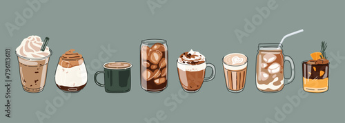 Hot and cold coffee beverage with cute doodle decoration. Espresso, americano cup, cappuccino and latte in glasses. Vector illustration blended coffee for logo, ads, promotion, marketing, banner.