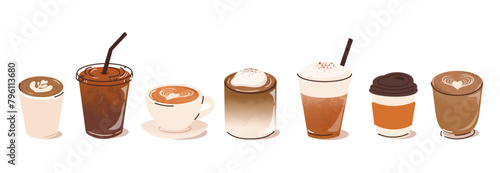 Hot and cold coffee beverage with watercolor decoration. Espresso, americano cup, cappuccino and latte in glasses. Vector illustration blended coffee for logo, ads, promotion, marketing, banner.