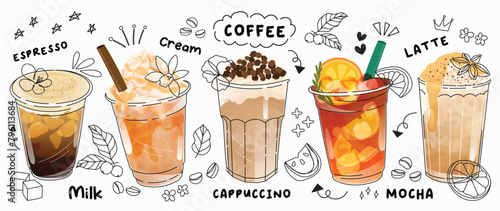 Hot and cold coffee beverage with cute doodle decoration. Espresso, americano cup, cappuccino and latte in glasses. Vector illustration blended coffee for logo, ads, promotion, marketing, banner.