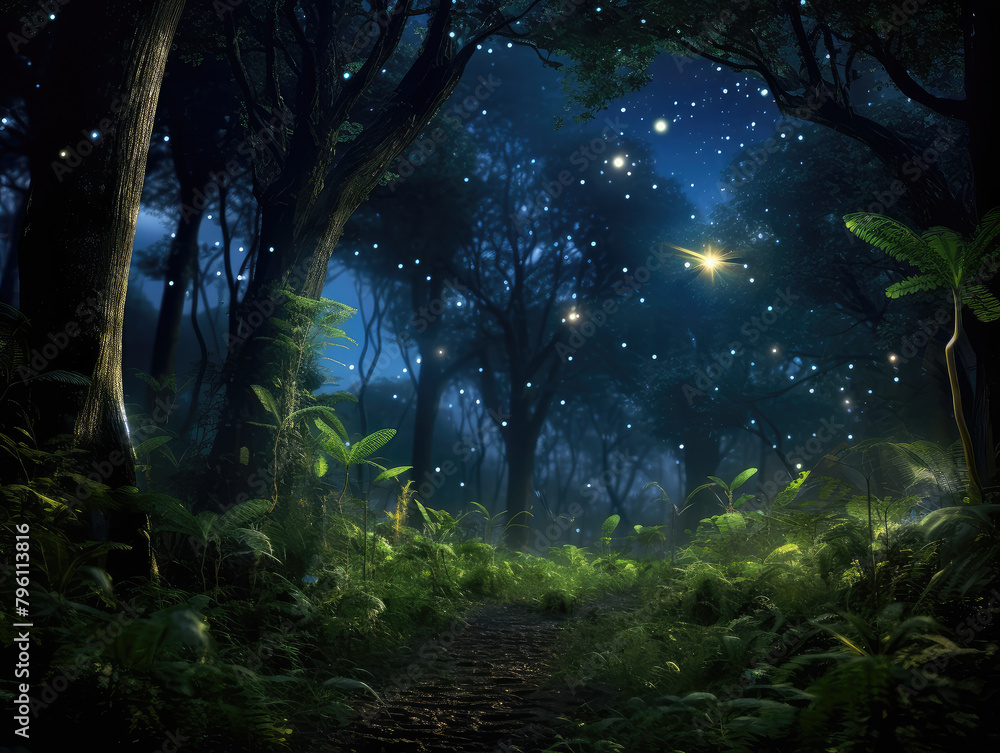 Mystical Nighttime Forest Illuminated by Stars