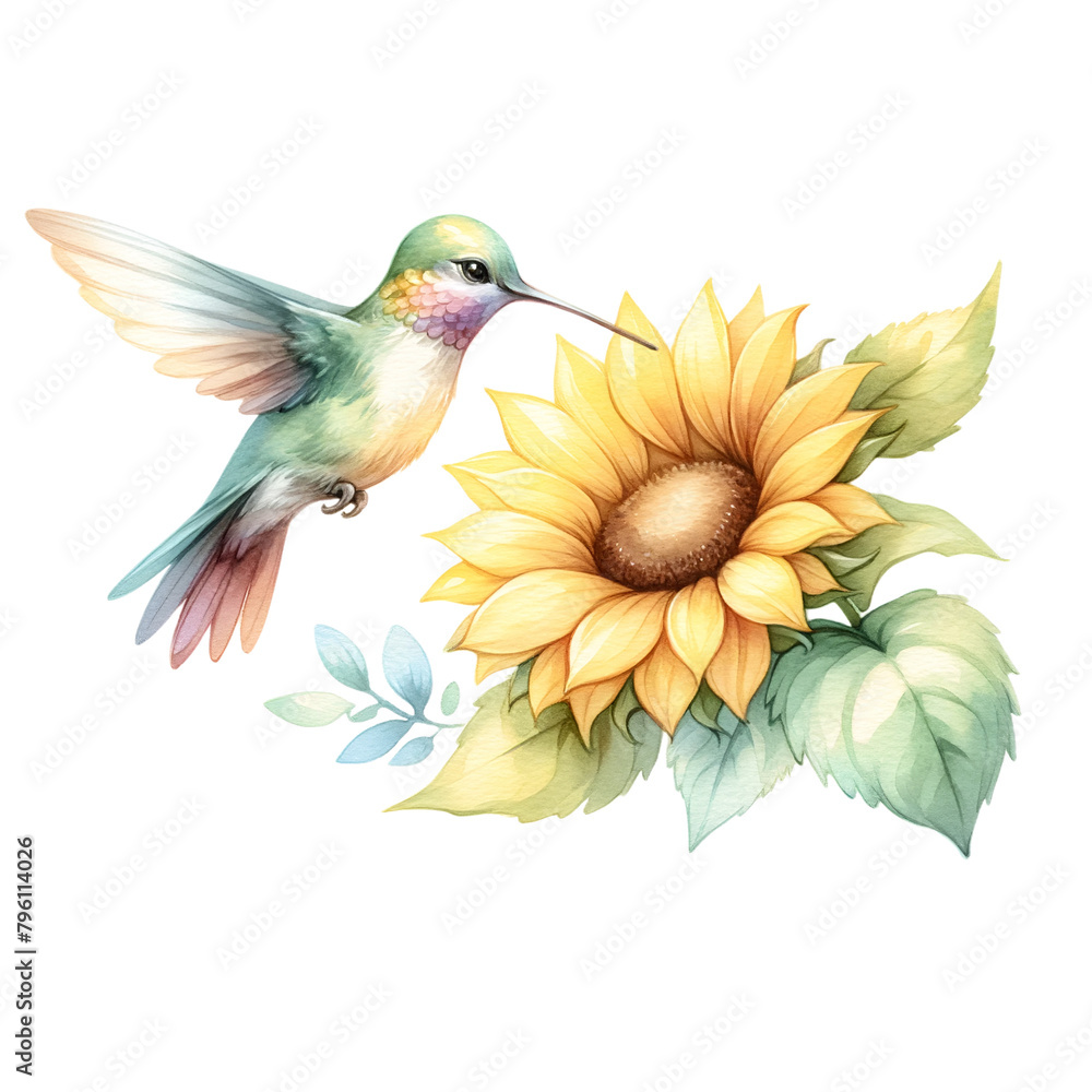 Obraz premium Hummingbird Pollinating Bright Sunflower Illustration
