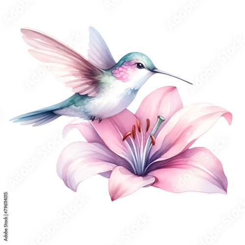 Hummingbird Hovering Over Pink Lily Illustration 