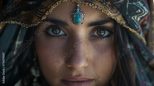a close up of a woman wearing a turban and a turquoise pendant on her forehead