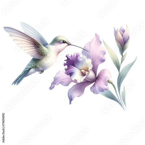 Hummingbird and Purple Iris Flower Illustration 