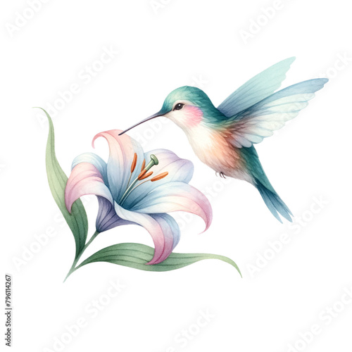 Hummingbird Hovering Over Pink Lily Illustration photo