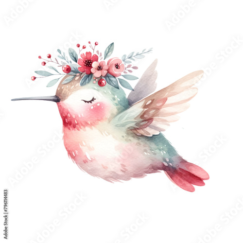 Fanciful Hummingbird with Berry Floral Crown Illustration
