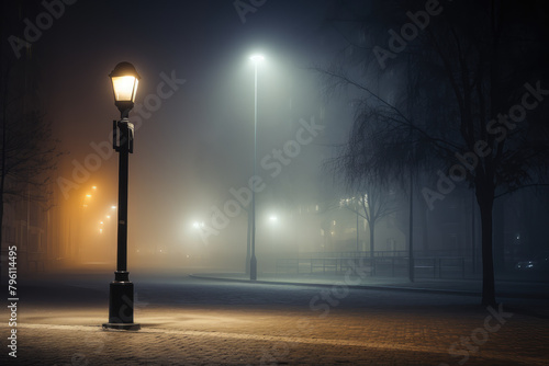 Mysterious Fog-Enshrouded Street at Night