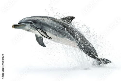 A dolphin leaping out of water, isolated on a white background