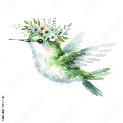 Hummingbird with Floral Crown Watercolor Illustration
 photo