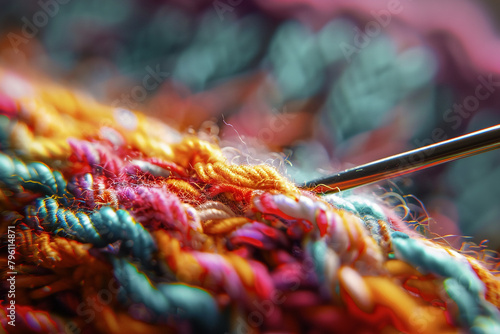 Macro shot of a knitting needle in action yarn becoming a garment 