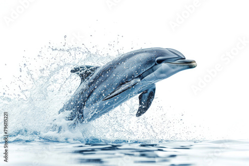 A dolphin leaping out of water, isolated on a white background