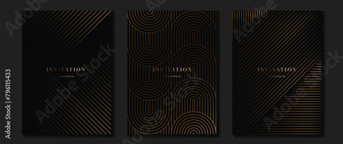 Luxury invitation card background vector. Golden elegant geometric shape, gold lines gradient on dark background. Premium design illustration for gala card, grand opening, wedding, party invitation.