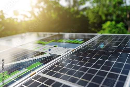 Macro shot of a solar panel surface with financial reports on green investments beside it