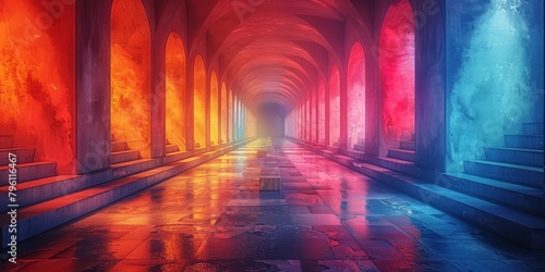 Chromatic aberration corridor stretches and distorts with heightened saturation overlays