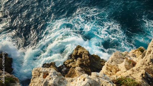 A view of the vast ocean as seen from a rugged cliff, with waves crashing against the rocks below. The vast expanse of water extends to the horizon under a clear sky.