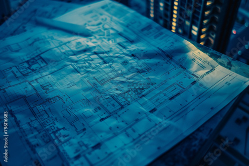 Macro shot of construction blueprints for a new urban development, symbolizing economic expansion