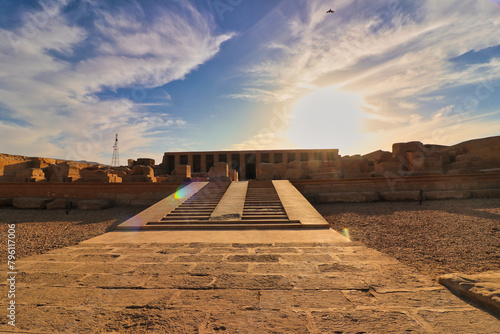 The Temple of Seti at Abydos with 42 steps leading to the entrance in the afternoon sun ,built in 13th century BC by the Pharoah Seti I near Abydos,Egypt photo