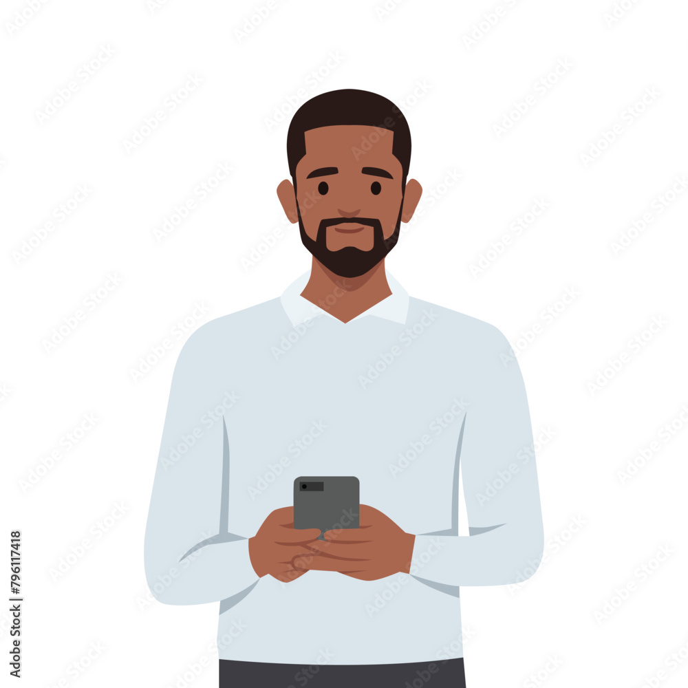 Young bearded black man using mobile phone. Flat vector illustration isolated on white background Young bearded black man using mobile phone. Flat vector illustration isolated on white background