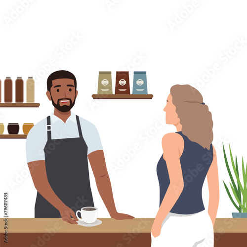 Young man making coffee for customer. Man standing behind counter and offering hot drink. Flat vector illustration isolated on white background