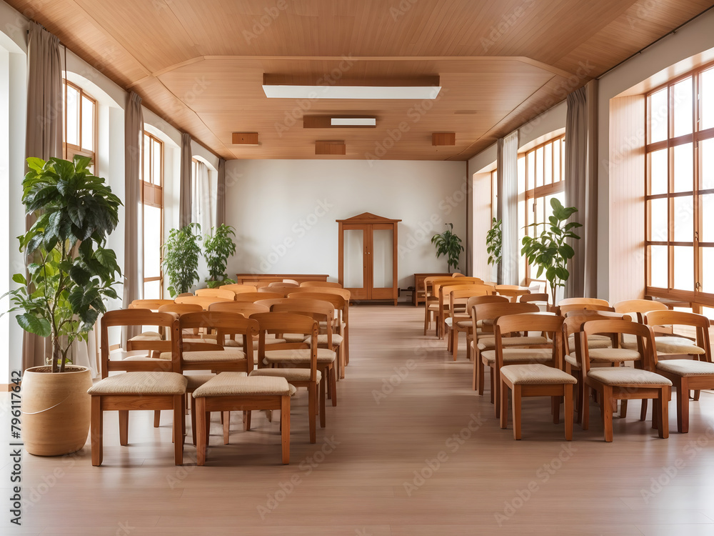 Interior of a hall with wooden furniture design.