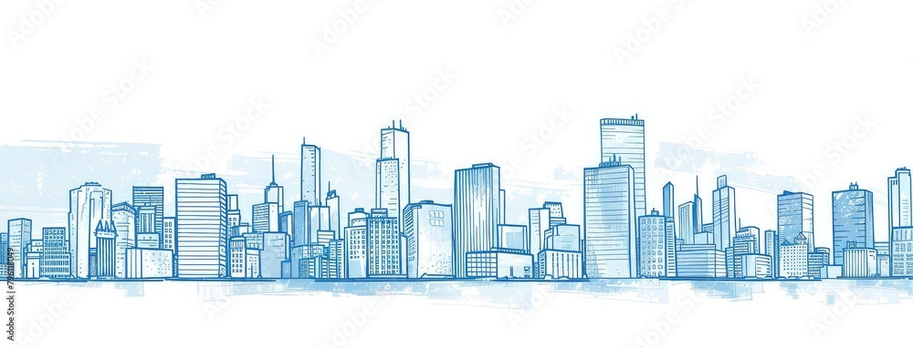 Hand-Drawn Blue Skyline of a Bustling City