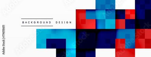 A vibrant composition of electric blue, red, and black squares on a white backdrop. The geometric pattern exudes symmetry and parallel lines, creating a colorful and modern art piece