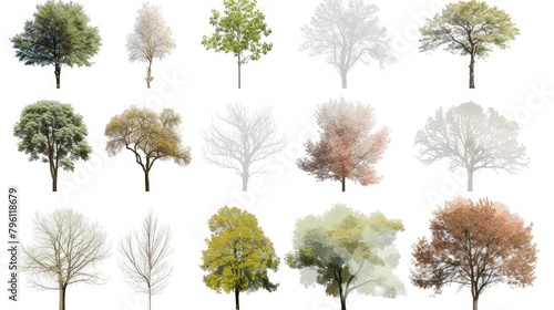Diverse Trees Representing Seasons Isolated on White