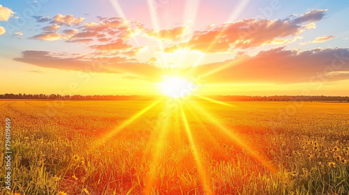 A field of grass with a bright sun shining on it. The sun is the main focus of the image, and it creates a warm and inviting atmosphere. The field is open and spacious