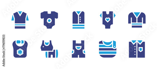 Clothing icon set. Duotone color. Vector illustration. Containing sportswear, t shirt, baby clothes, baby bib, clothes, overalls, kimono, shirt.
