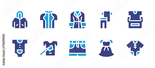Clothing icon set. Duotone color. Vector illustration. Containing tshirt, clothing, clothes, baby clothes, baby body, donation, raincoat, dress, shorts, trench coat.