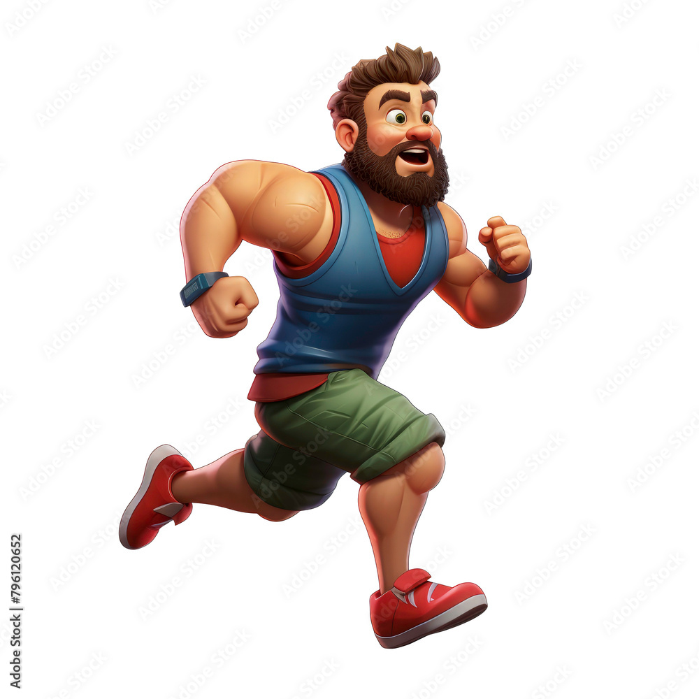 3d character a man with beard running wearing a blue tank top and red shorts