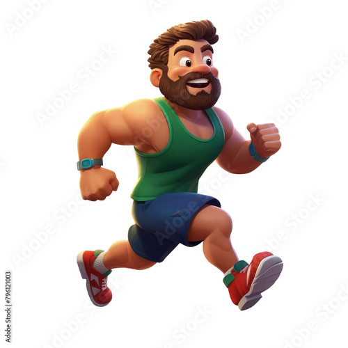 3d character a man with beard running wearing a blue tank top and red shorts