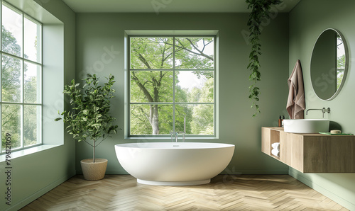 3d rendering, Minimalist bathroom with an oak herringbone floor, green walls, and white bathtub, featuring Scandinavian design elements like wooden accents and modern furniture © 수동 김
