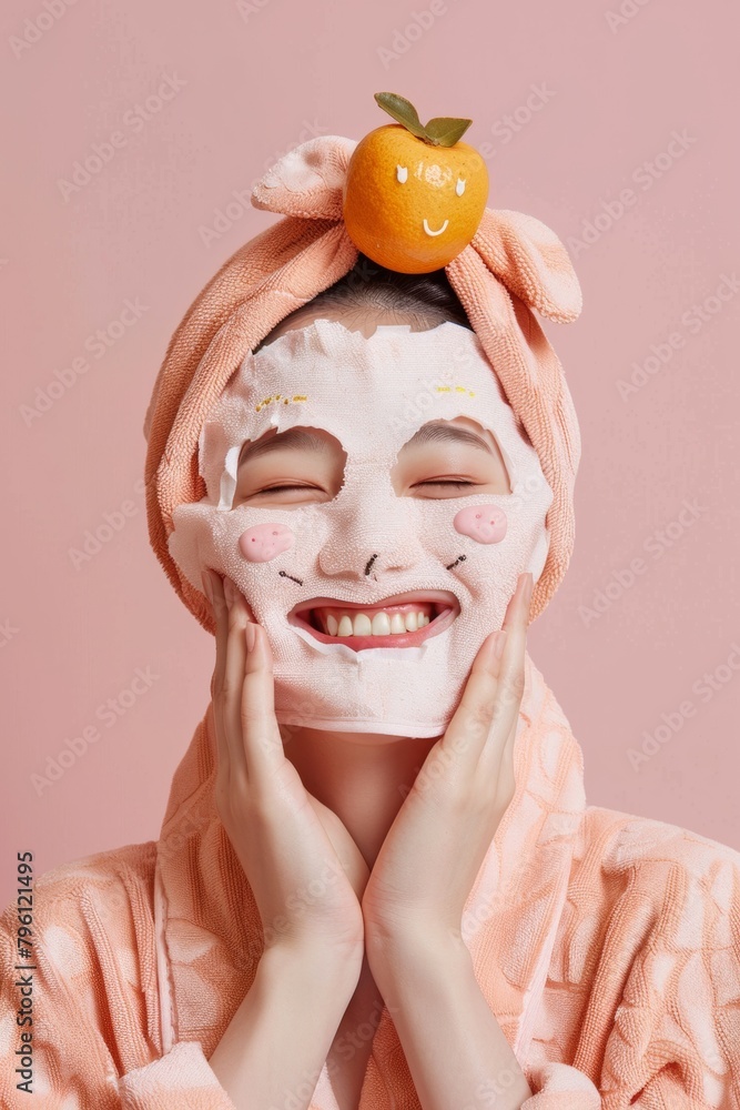 facial mask with a playful concept, the mask has a cartoon face design, promoting fun and youthful skin facial mask with a playful concept, the mask has a cartoon face design, promoting fun and youthful skin