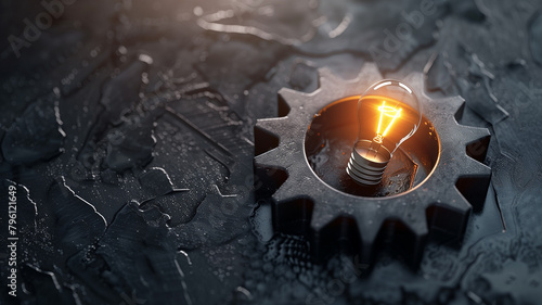 A gear icon with a light bulb inside, representing innovation in manufacturing