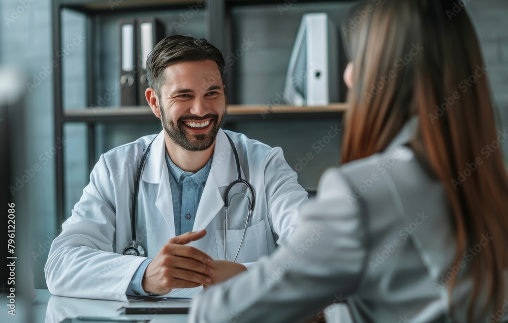 Fototapeta premium A doctor comforts a worried patient while discussing test results in the emergency room. Diseases and disorders in the health of middle-aged men
