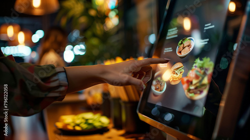 A person using a touchscreen kiosk to order a customized meal at a fast-casual restaurant photo
