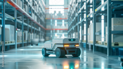 A self-driving vehicle transporting materials within a vast manufacturing facility © praewpailyn