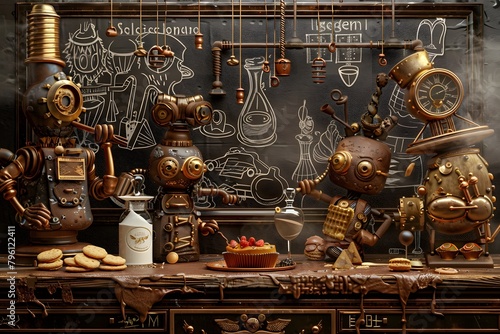 Steampunk Robots Engaged in Culinary Competition with Desserts on Antique Table