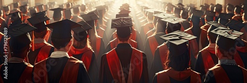 Rear view of university graduates in graduation gowns and caps on commencement day photo