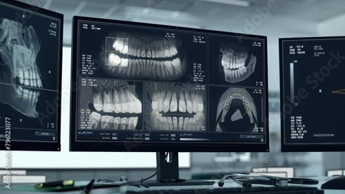 Using medical clinic laboratory monitoring technology to examine oral cavity. Clinic laboratory monitoring program inspecting teeth condition. Monitoring health of patients jaw at a clinic laboratory photo